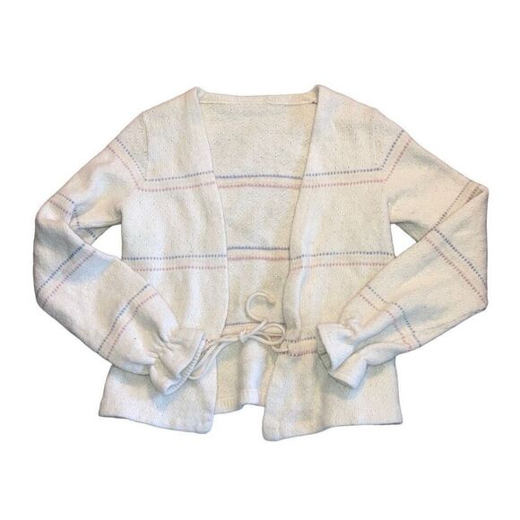 Vintage Handmade Cottagecore White Pink Blue Wool Long Sleeve Cardigan Sweater - Picture 1 of 5